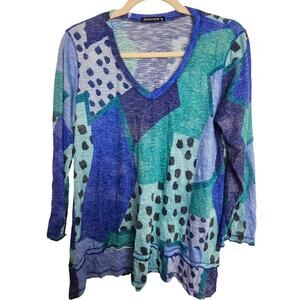 David Cline Womens Artsy Geometric V-Neck T-Shirt Size M Lightweight Resortwear